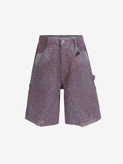 Studded Denim Cargo Shorts for Men with Rhinestone Embellishment, Fashionable Streetwear Style, Distressed Hem Design?