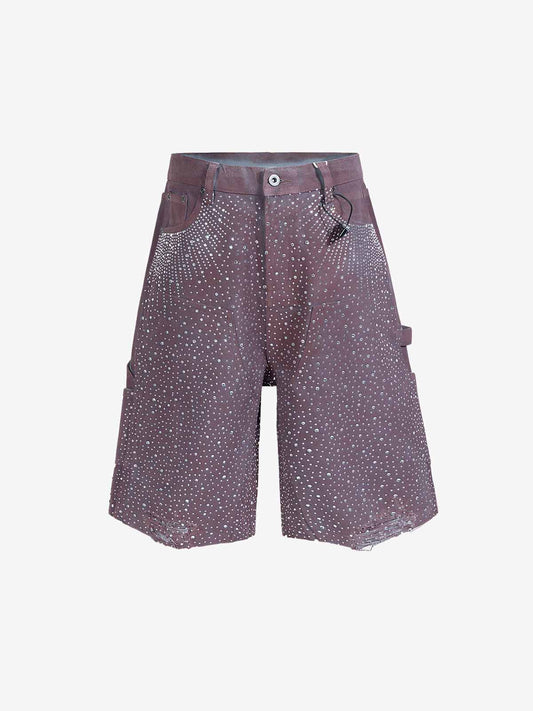 Studded Denim Cargo Shorts for Men with Rhinestone Embellishment, Fashionable Streetwear Style, Distressed Hem Design?