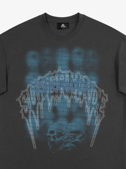 THE SUPERMADE Dark Grid Skull Graphic T-Shirt with Neon Drip Design 