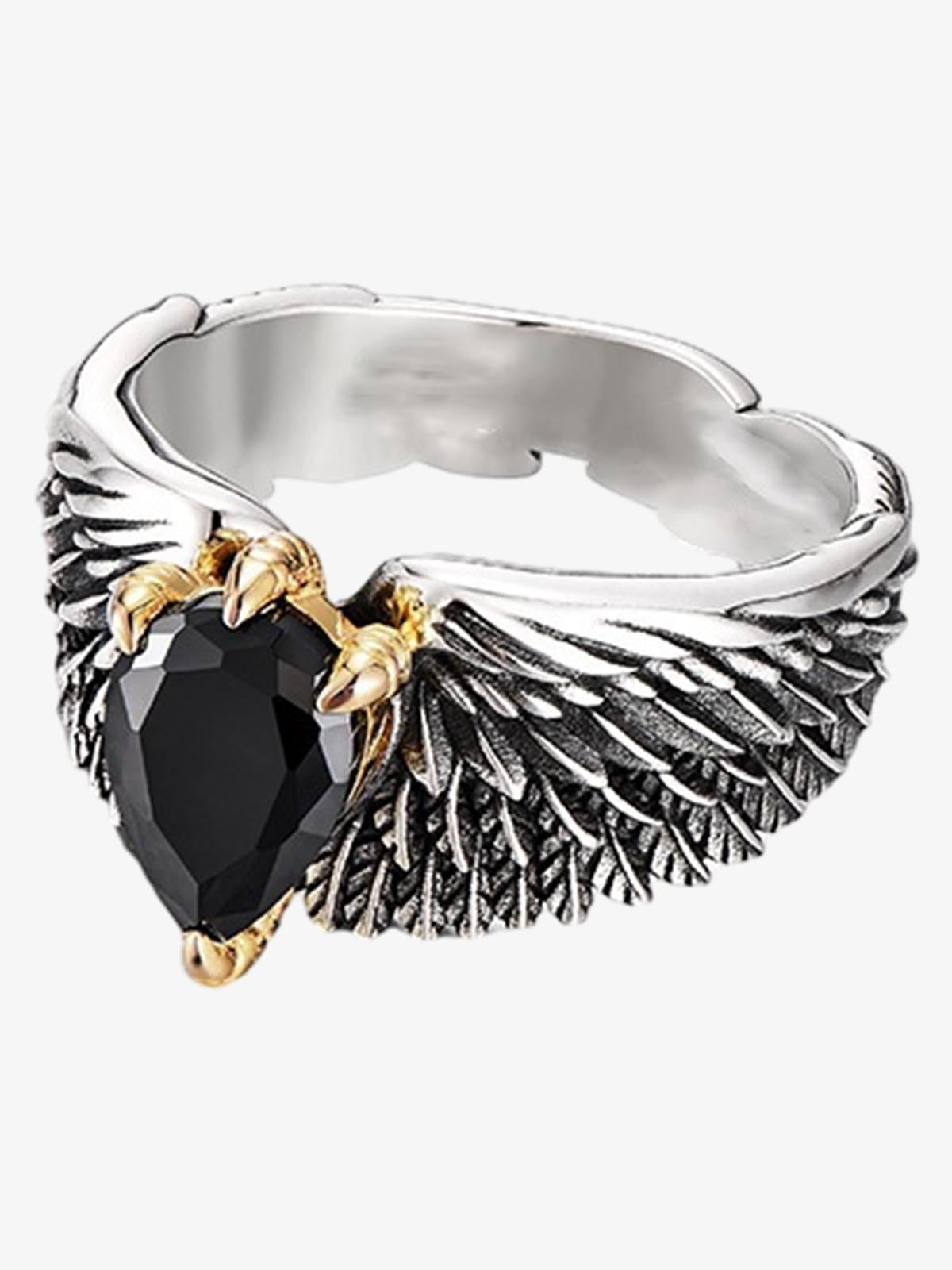 Sterling Silver Black Onyx Wing Ring with Gold Accents - Vintage Statement Jewelry for Women 