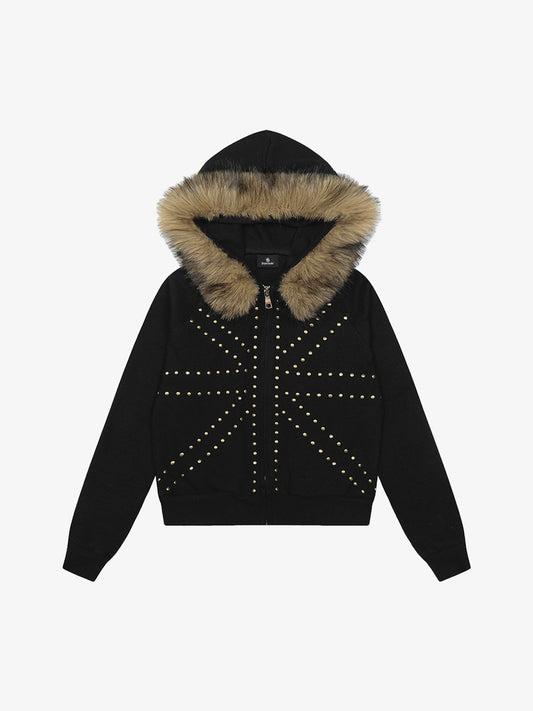 Studded Detachable Fur Hooded Jacket