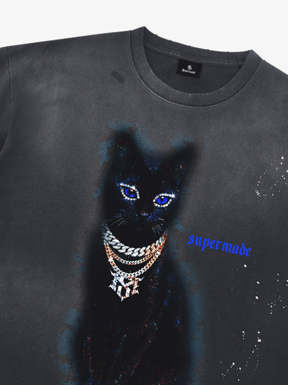 Cotton Black Cat Graphic T-Shirt with Chain Print and Splatter Design?