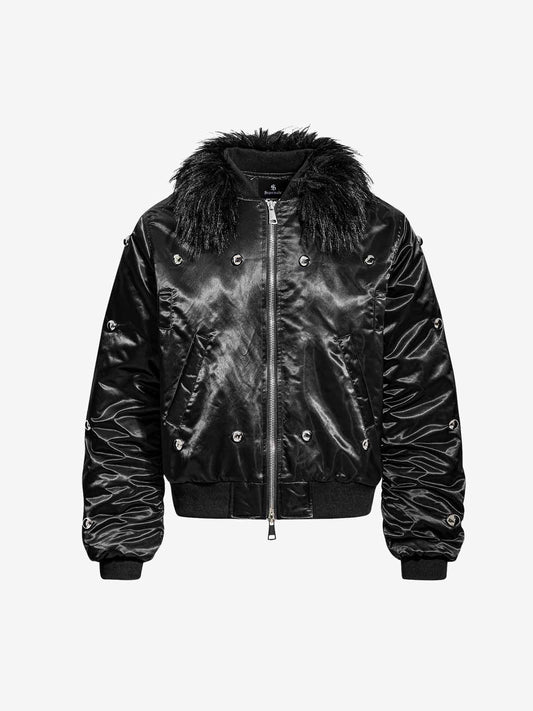 Detachable Faux Fur Collar Glossy Padded Bomber Jacket