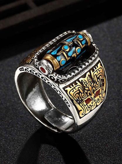 Sterling Silver Turquoise and Coral Inlay Ring with Ancient Chinese Pattern and Om Symbol 