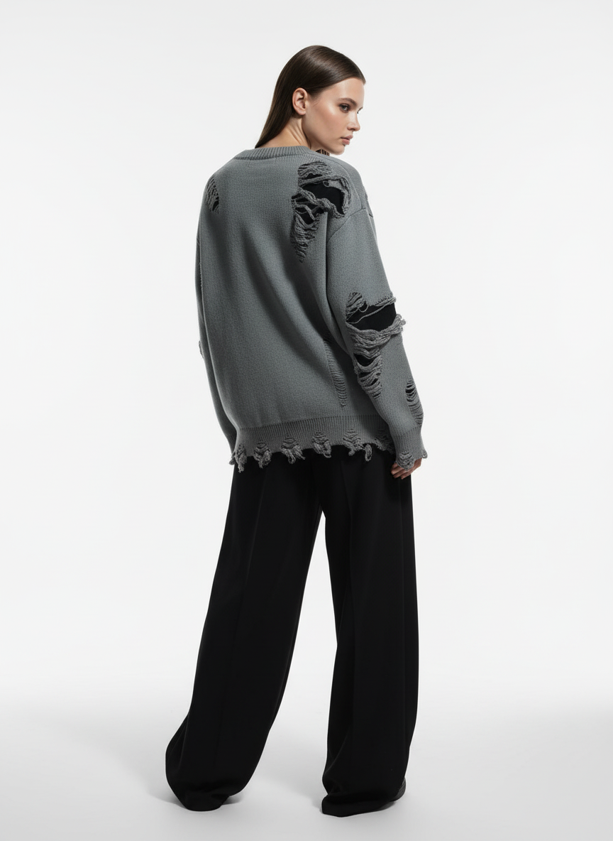 High Street Ripped Raw Edge Knitted Letter Jacquard Sweater