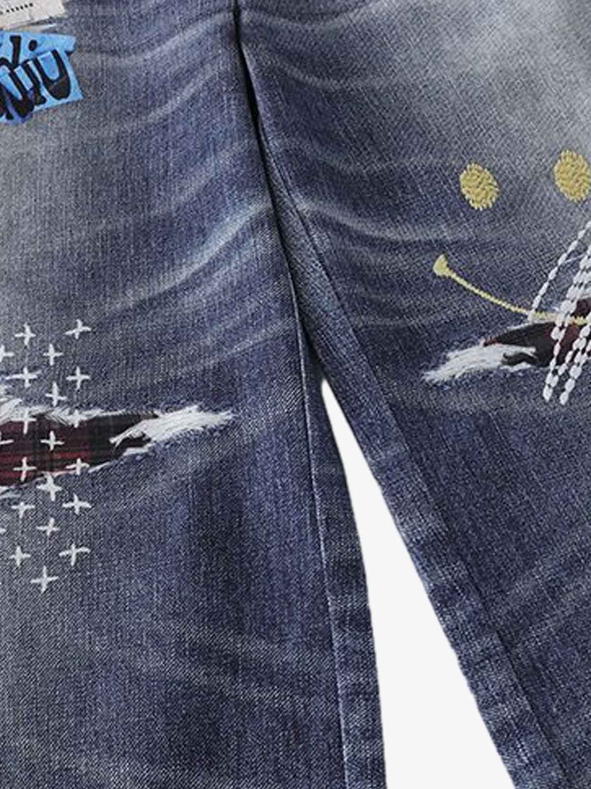 Denim Patchwork Wide Leg Jeans with Graphic Appliques and Distressed Details?