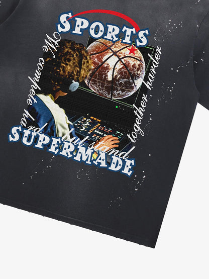 thesupermade-"Retro Basketball Radio" "Sports Know No Borders" Graphic Tee-Retro Ink Splash Streetwear Oversized T-Shirt 