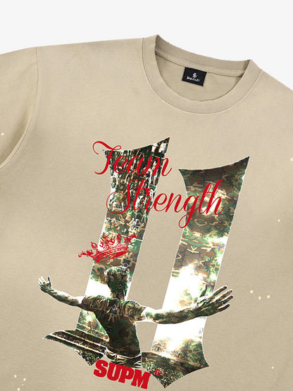 Unisex distressed loose-fitting cotton short-sleeved T-shirts featuring a print of the "11" team strength from the FIFA World Cup and a splatter-wash finish. 