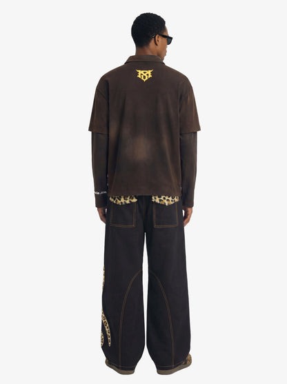 Distressed spray washed cotton fake two-piece loose long-sleeved T-shirt with embroidered badge logo and offset print design?