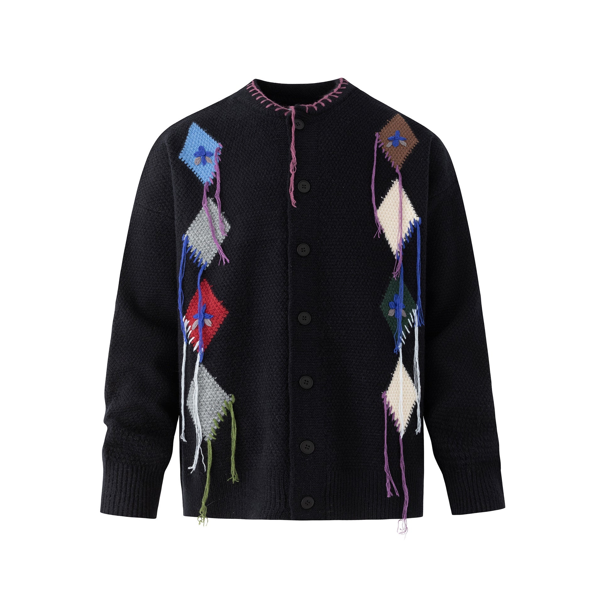 Colorful Diamond Pattern Cardigan with Tassel Accents 