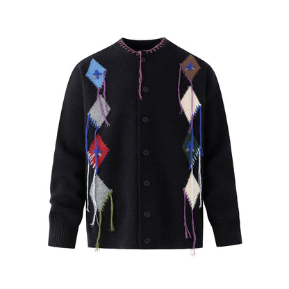 Colorful Diamond Pattern Cardigan with Tassel Accents 