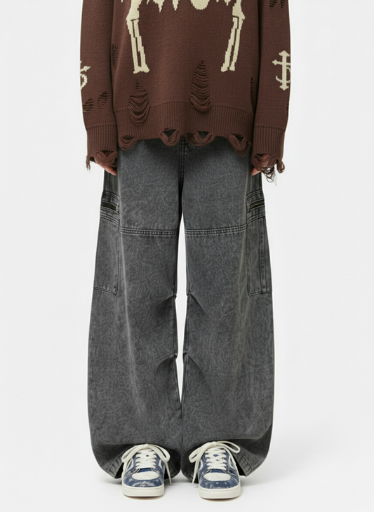 Vintage Acid-Washed Multi-Pocket Wide-Leg Cargo Barrel Jeans