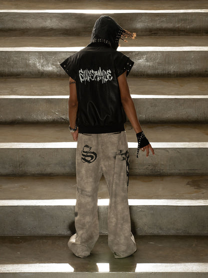 Thorn Destruction Frame Pattern Leather Vest 