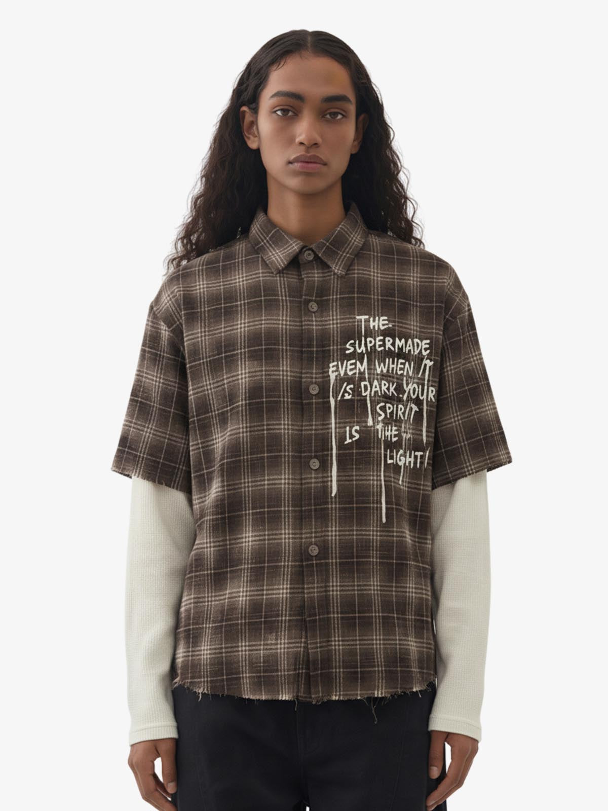 Cotton Street Distressed Plaid Faux Two-Piece Shirt