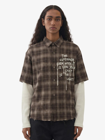 Cotton Street Distressed Plaid Faux Two-Piece Shirt