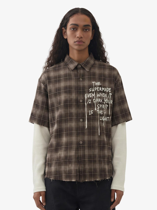 Cotton Street Distressed Plaid Faux Two-Piece Shirt