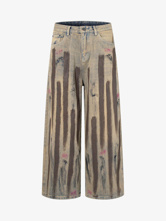 Retro Washed Brushstroke Wide-Leg Jeans 