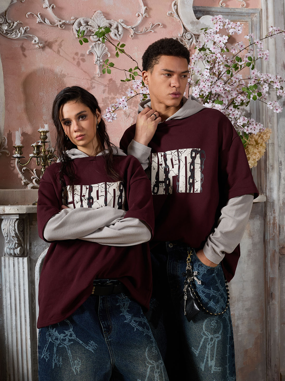 SUPM Chain Print Color Block Faux Two-Piece Hooded Long-Sleeve T-Shirt 