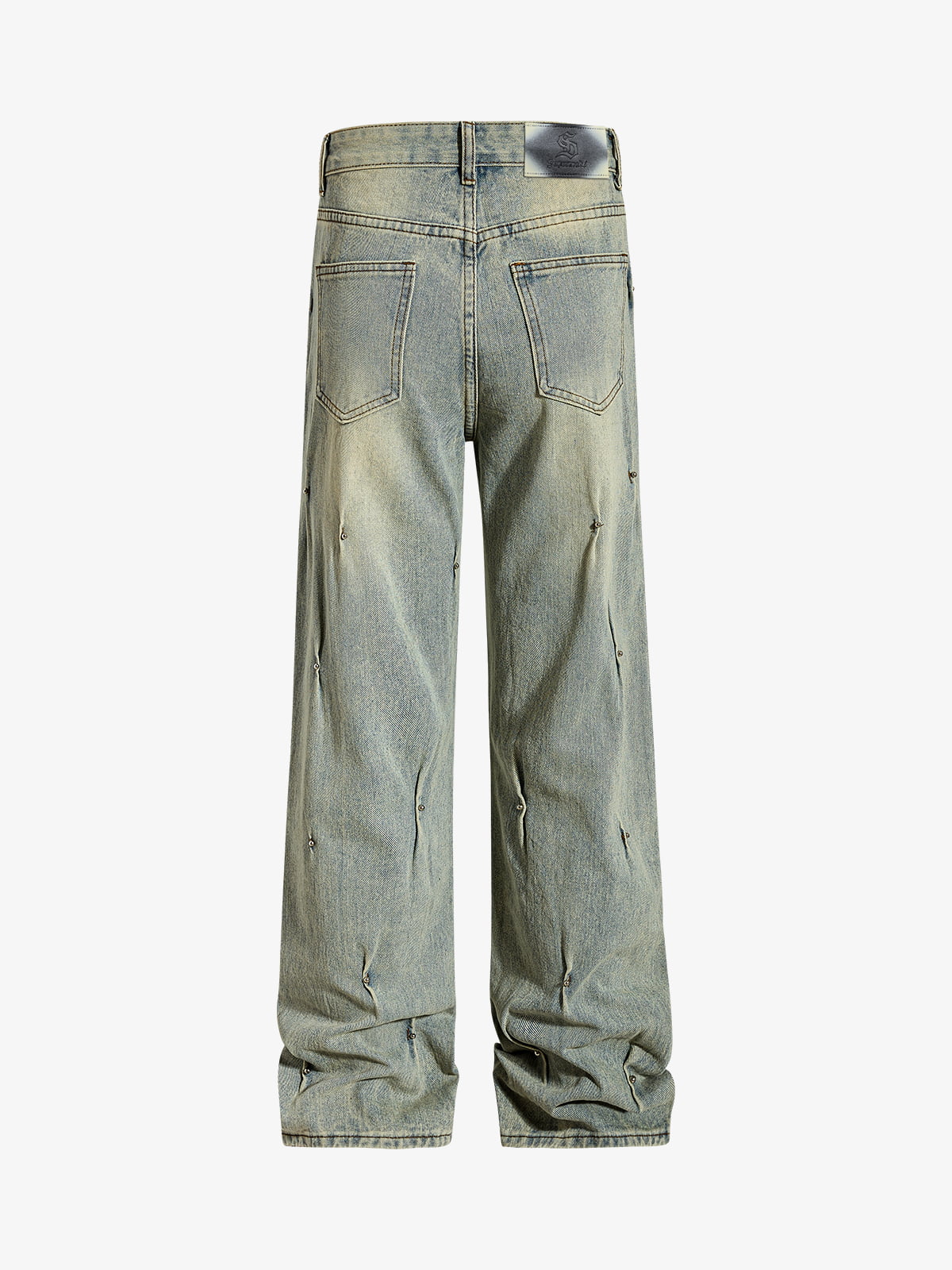 Denim Wide Leg Pants with Distressed Wash and Metal Studs?