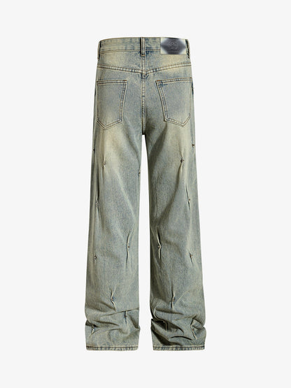 Denim Wide Leg Pants with Distressed Wash and Metal Studs?
