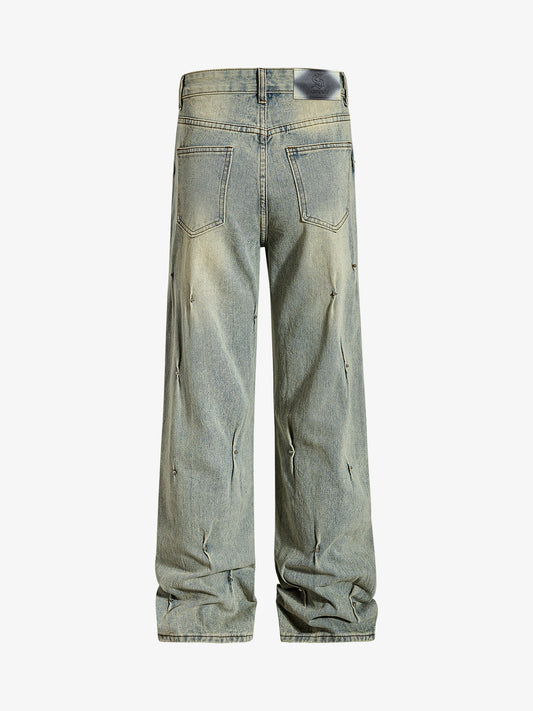 Denim Wide Leg Pants with Distressed Wash and Metal Studs?