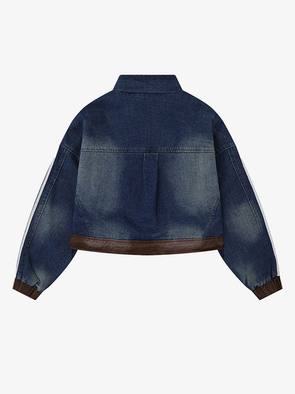 Stylish Denim Jacket with Embroidered Details and Striped Sleeves 