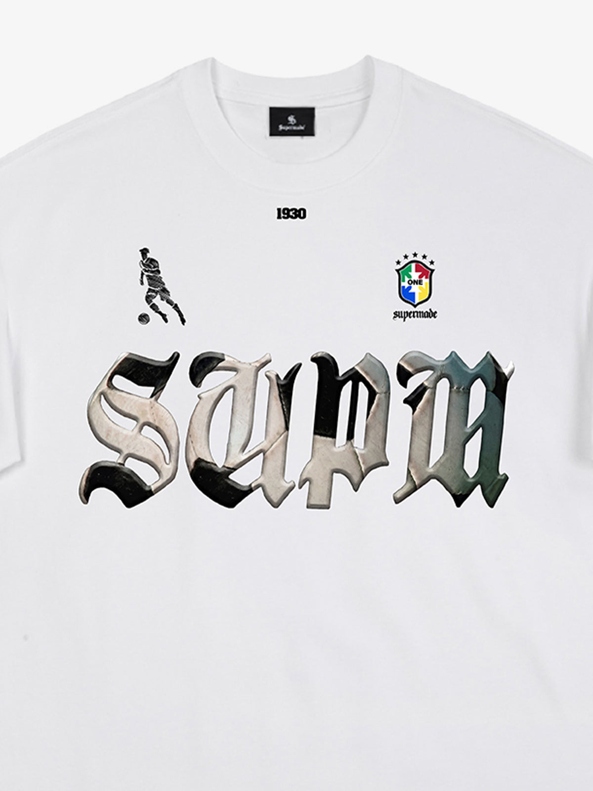 Cotton White Oversized T-Shirt with SUPA Gothic Print and Football Logo Design 