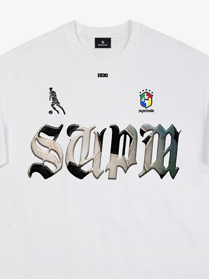 Cotton White Oversized T-Shirt with SUPA Gothic Print and Football Logo Design 