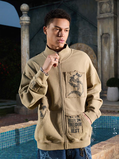 Cotton Blend Patchwork Bomber Jacket with Graphic Embroidery and Zipper Closure?