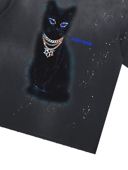 Cotton Black Cat Graphic T-Shirt with Chain Print and Splatter Design?