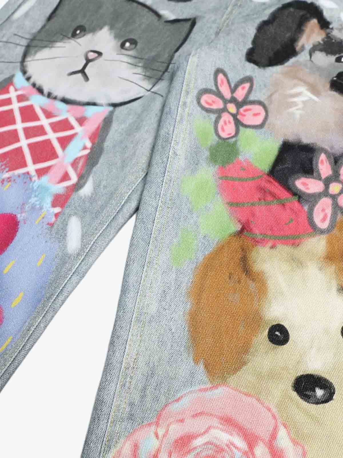 Denim Painted Animal Print Wide Leg Jeans with Cartoon Cat Dog Design?