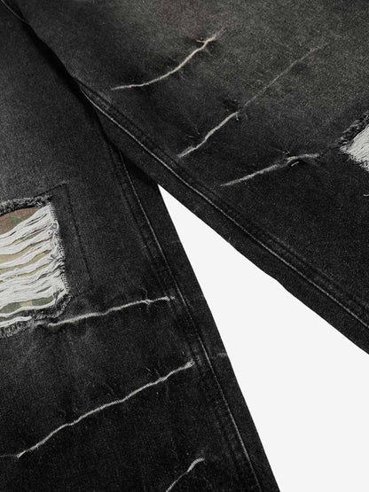 Distressed Camo-Trimmed Denim Trousers with Adjustable Waist 