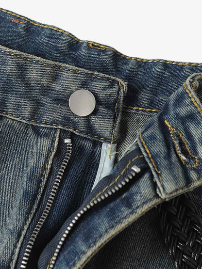 Braided Drawstring Waist Patchwork Cargo Jeans