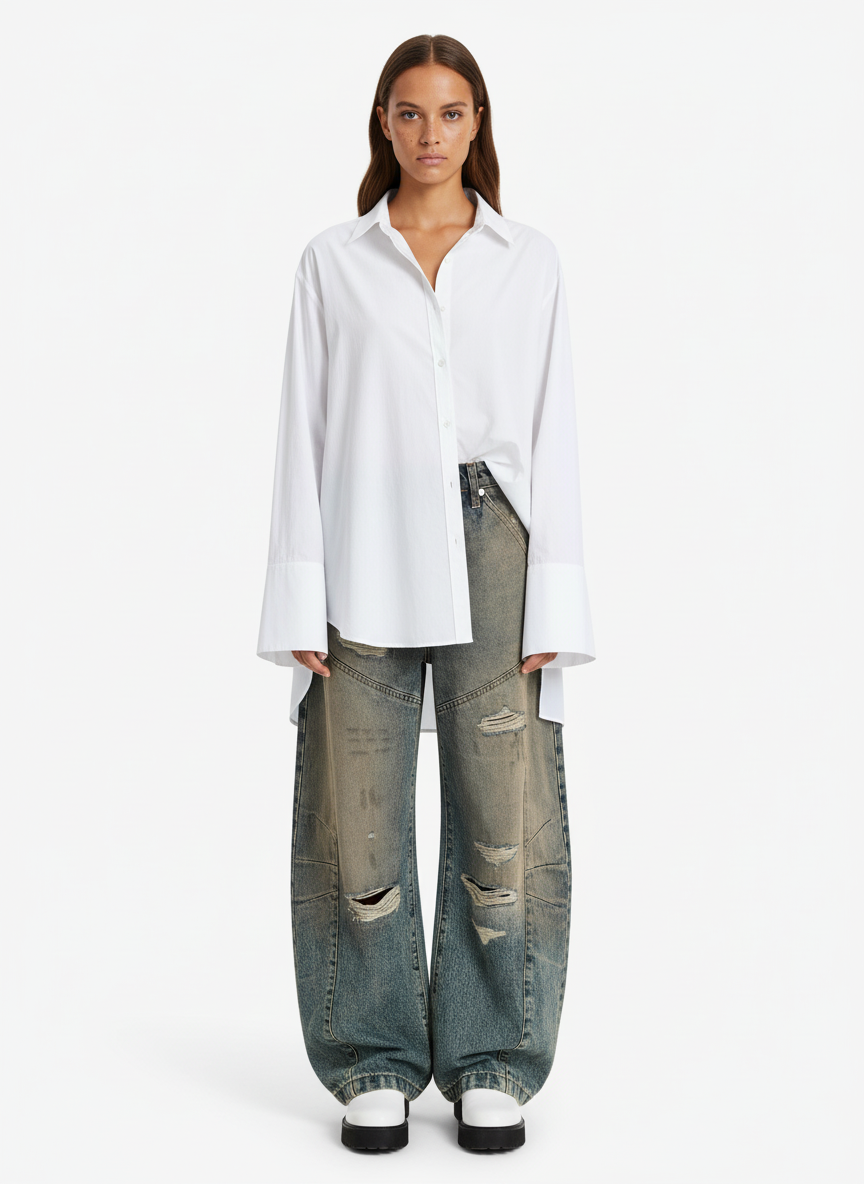 Vintage Mud-Dyed Distressed Barrel Jeans