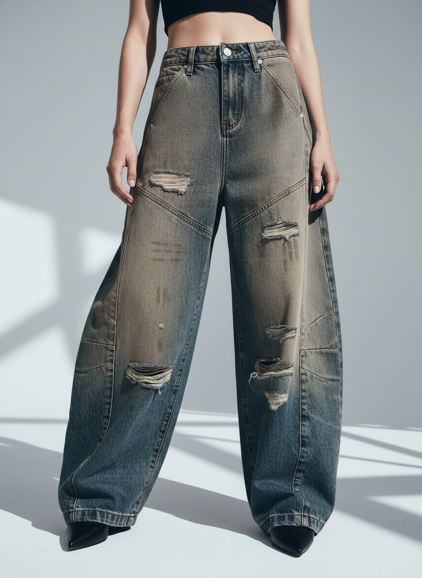 Vintage Mud-Dyed Distressed Barrel Jeans