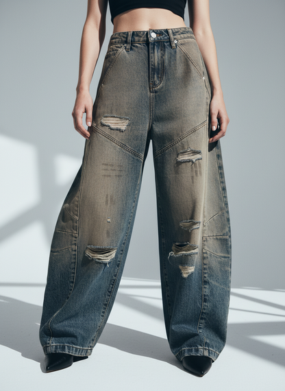 Vintage Mud-Dyed Distressed Barrel Jeans