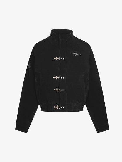 Vintage Suede Embroidered Toggle-Buckle Stand Collar Down Jacket