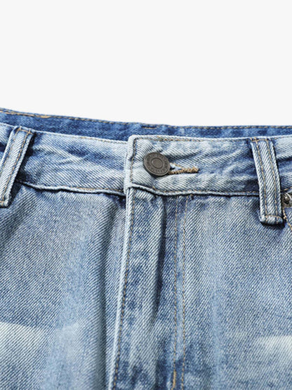 Hip-Hop Cut Distressed Washed Jeans 