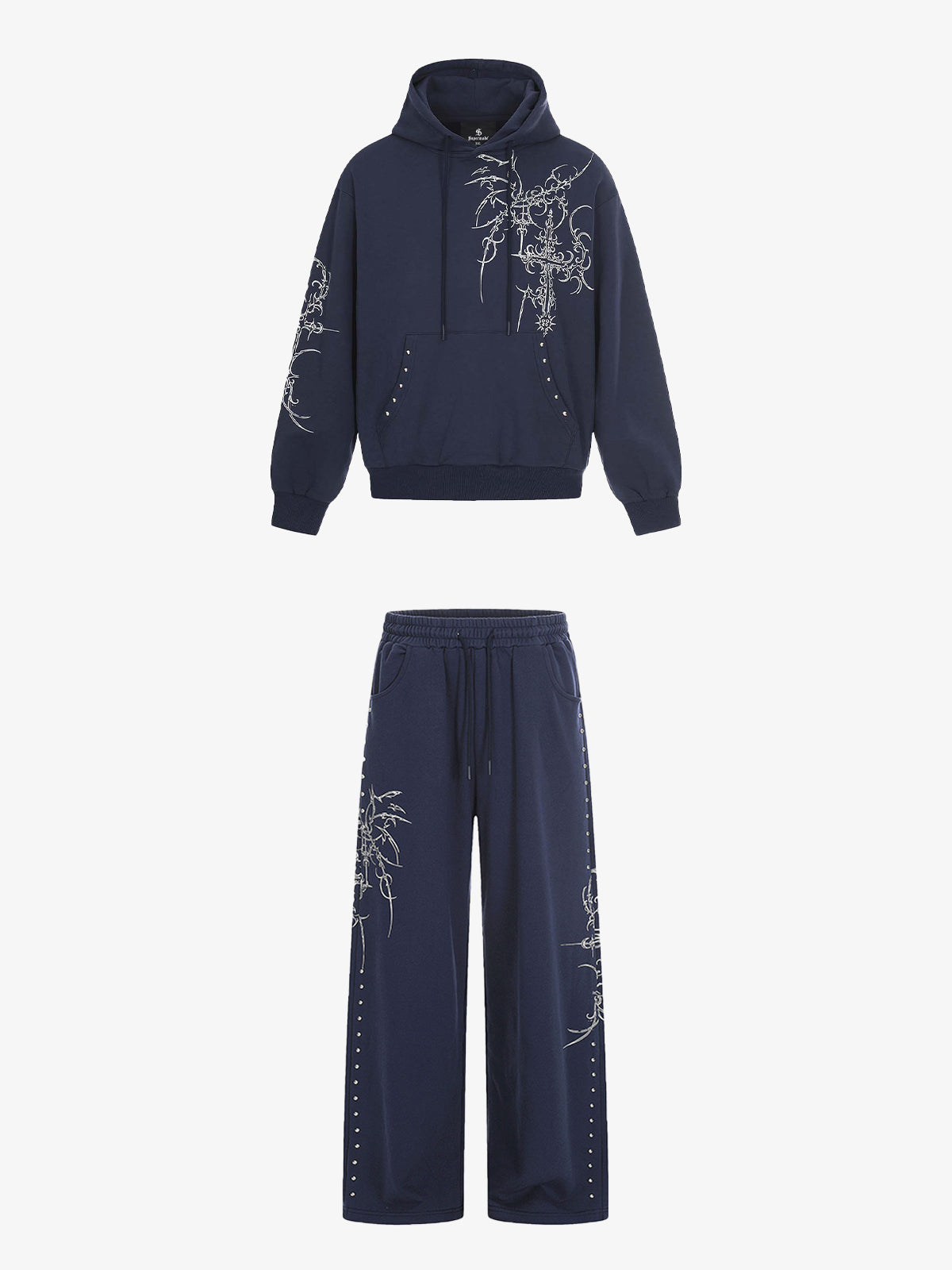 Embroidered Graphic Studded Hoodie and  Wide Leg Sweatpants Set