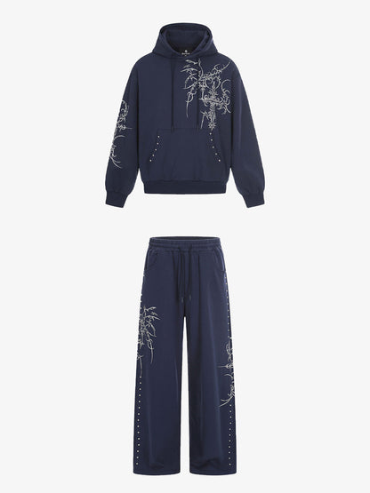 Embroidered Graphic Studded Hoodie and  Wide Leg Sweatpants Set