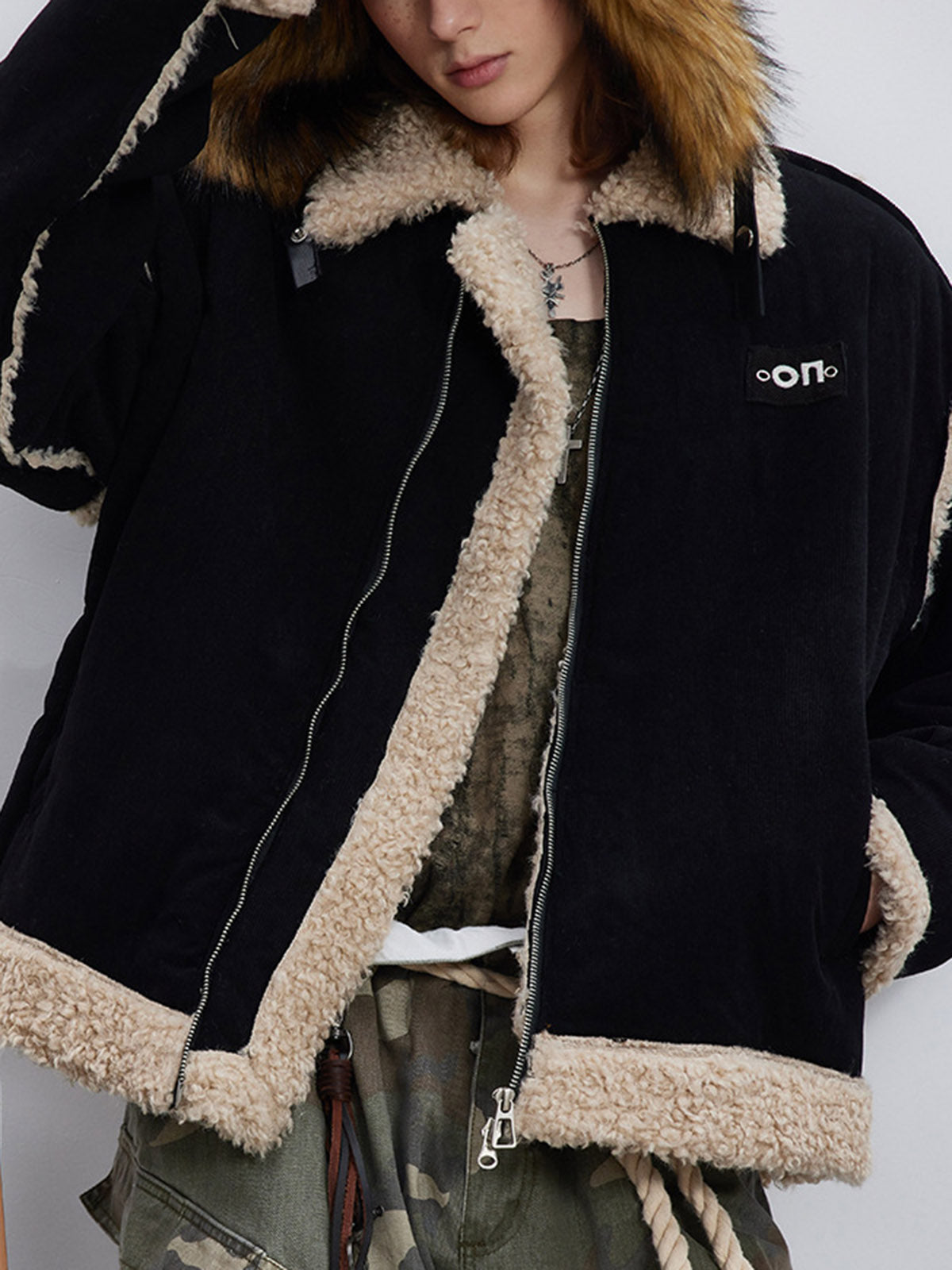 Fur Collar Zip Up Sherpa-Lined Jacket 