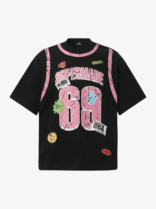 Cotton Oversized Graphic T-Shirt with Vintage Print and Patch Design 