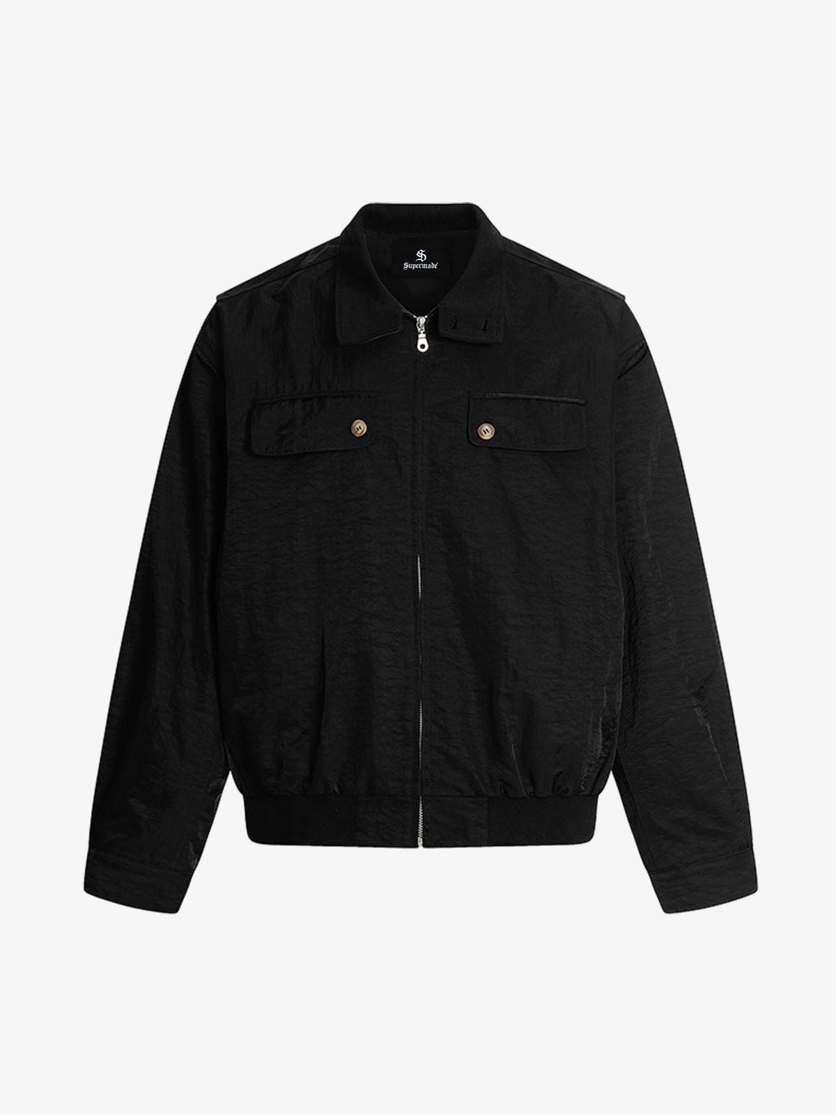 Utility Pleated Sleeve Fold-Over Collar Zip Up Jacket