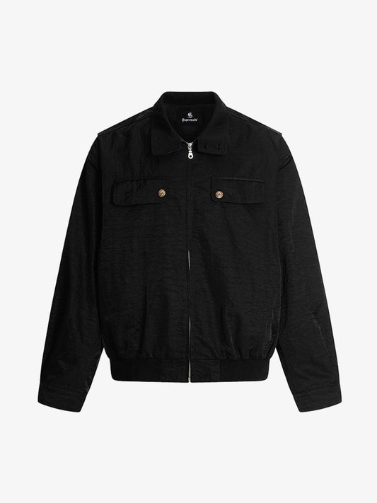 Utility Pleated Sleeve Fold-Over Collar Zip Up Jacket