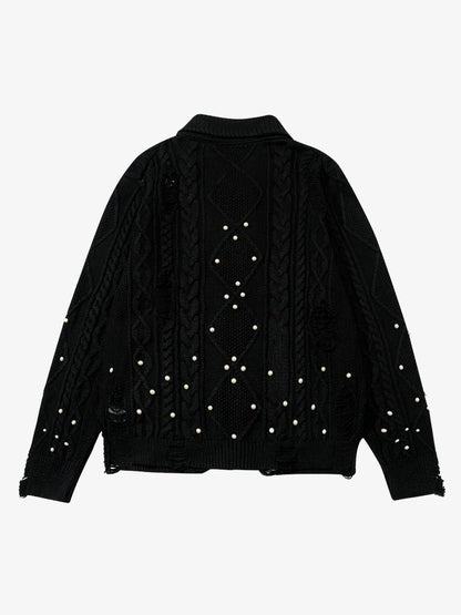 Retro Beaded Crochet Distressed Knit Cardigan 