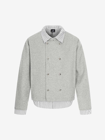 Button Detail Striped Panel Faux Layered Jacket