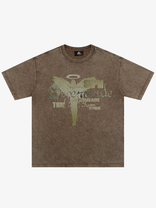 THE SUPERMADE Distressed Graphic Print Oversized T-Shirt with Bold Typography Design 