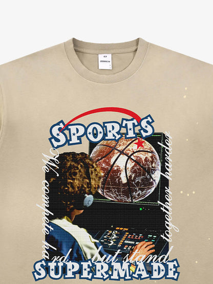 thesupermade-"Retro Basketball Radio" "Sports Know No Borders" Graphic Tee-Retro Ink Splash Streetwear Oversized T-Shirt 