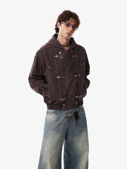 Washed Cotton Hooded Duffle Jacket with Metal Snap Buttons and Ribbed Hem 