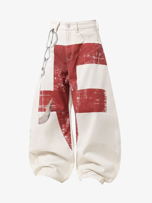 Supermade Retro Distressed Print Heavyweight Canvas Baggy Pants 